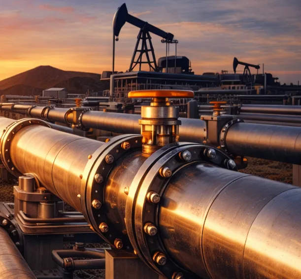 Illustrative image of pipeline valves and pump jacks at sunset